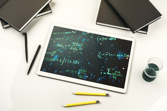 Creative scientific formula hologram on modern digital tablet screen, research concept. Top view. 3D Rendering