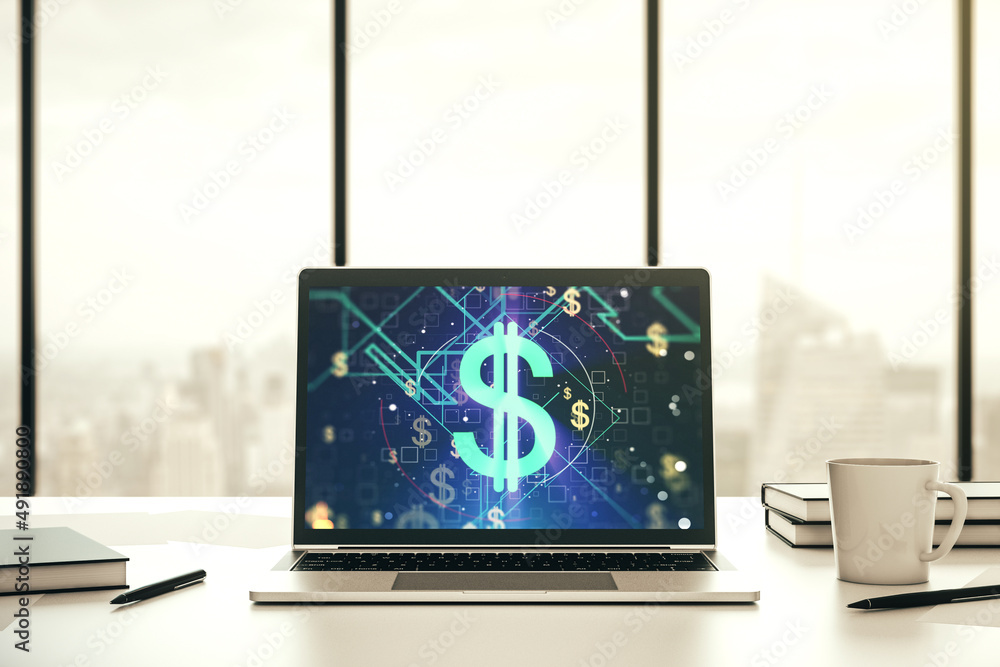 Poster modern computer monitor with creative usd symbols hologram. banking and investing concept. 3d render