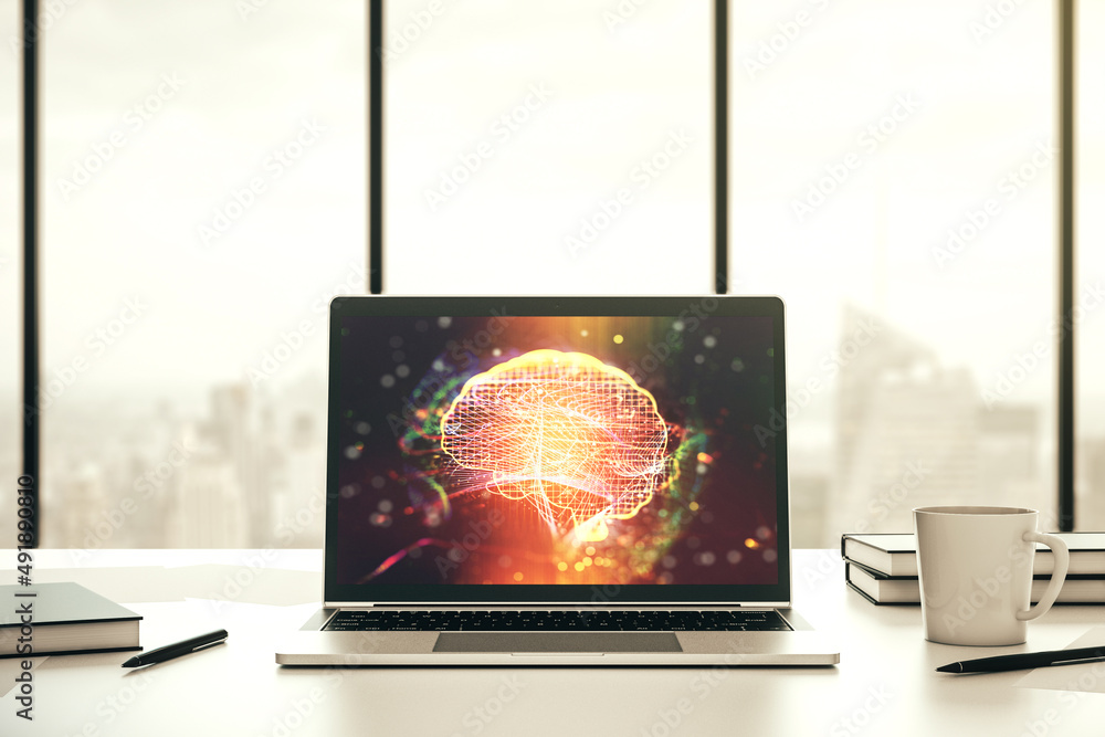 Poster Modern computer display with creative human brain microcircuit. Future technology and AI concept. 3D Rendering