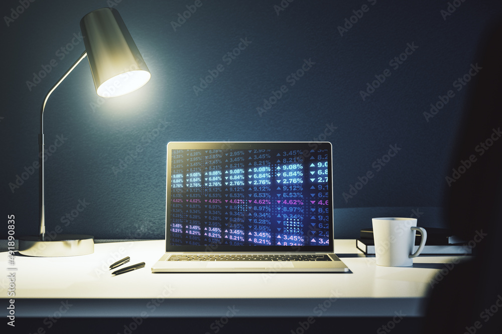 Poster computer monitor with abstract creative analytics data spreadsheet, analytics and analysis concept. 