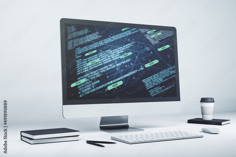 Poster modern computer display with abstract software development hologram, research and analytics concept.