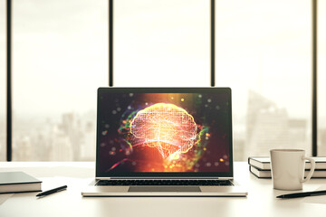 Modern computer display with creative human brain microcircuit. Future technology and AI concept. 3D Rendering