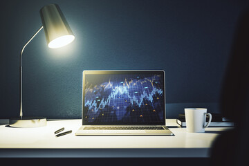 Abstract creative financial diagram with world map on modern computer monitor, banking and accounting concept. 3D Rendering