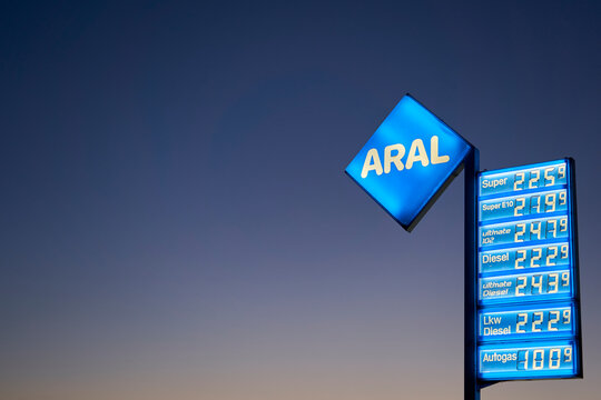 Close up of Price board with high gasoline, diesel and fuel prices. Most expensive gas and oil prices at German aral filling station in Europe.