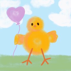 Cute chik easter postcard. Celebration illustration. Bird with balloon. 