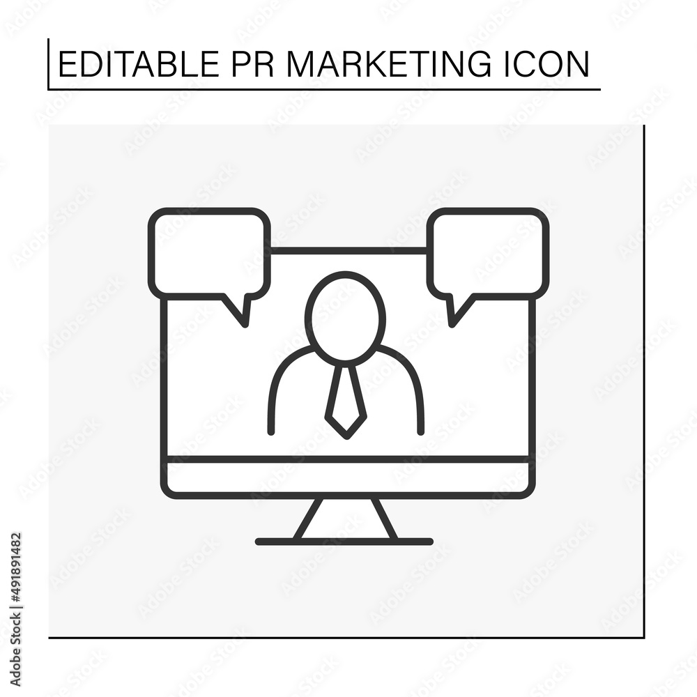 Poster video conference line icon. interview by computer with a person. dialogue. pr marketing concept. iso