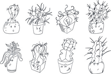 set of hand drawn cute cartoon potted cacti with faces. vector illustration