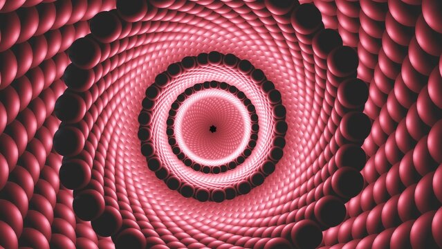 Array of spheres forming a micro tube. Nano array cylindrical formation. Stacked balls. Microtubule, microfilament. Lattice network molecular layer 3d render illustration