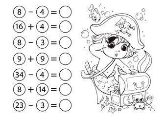 Children's math game, subtraction and addition of numbers. Coloring book with a mermaid boy in a pirate costume found a treasure chest. Mini-task, write the answer in a circle. Preschool education.