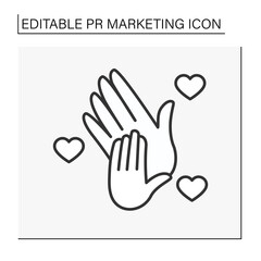 Support line icon. Participation in charity. Hand with hearts. Donate to the foundation. Humanitarian aid. Volunteering. PR marketing concept. Isolated vector illustrations. Editable stroke