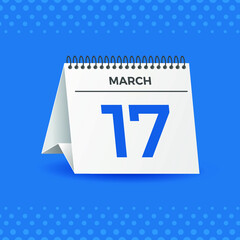 White calendar on blue background. March 17th. Vector. 3D illustration.