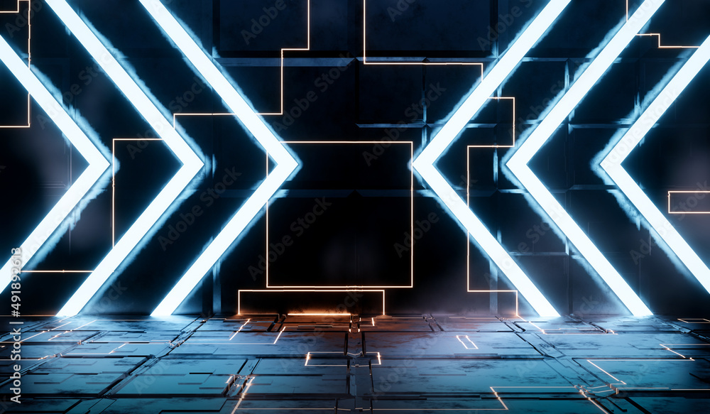 Poster 3d rendering sci fi metal corridor background for with light blue and orange neon light. abstract sc