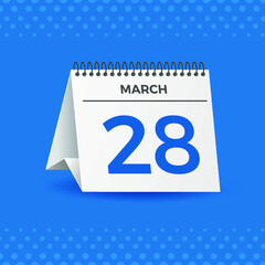 White calendar on blue background. March 28th. Vector. 3D illustration.