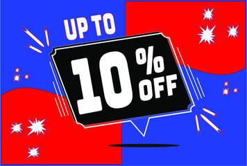 Up to. -10 percent discount. 10% discount. Up to 10%. Blue Red banner with floating balloon for promotions and offers. Up to. Vector