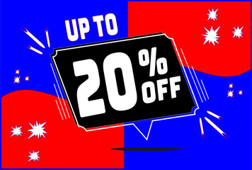 Up to . -20 percent discount. 20% discount. Up to 20%. Blue Red banner with floating balloon for promotions and offers. Up to. High Resolution