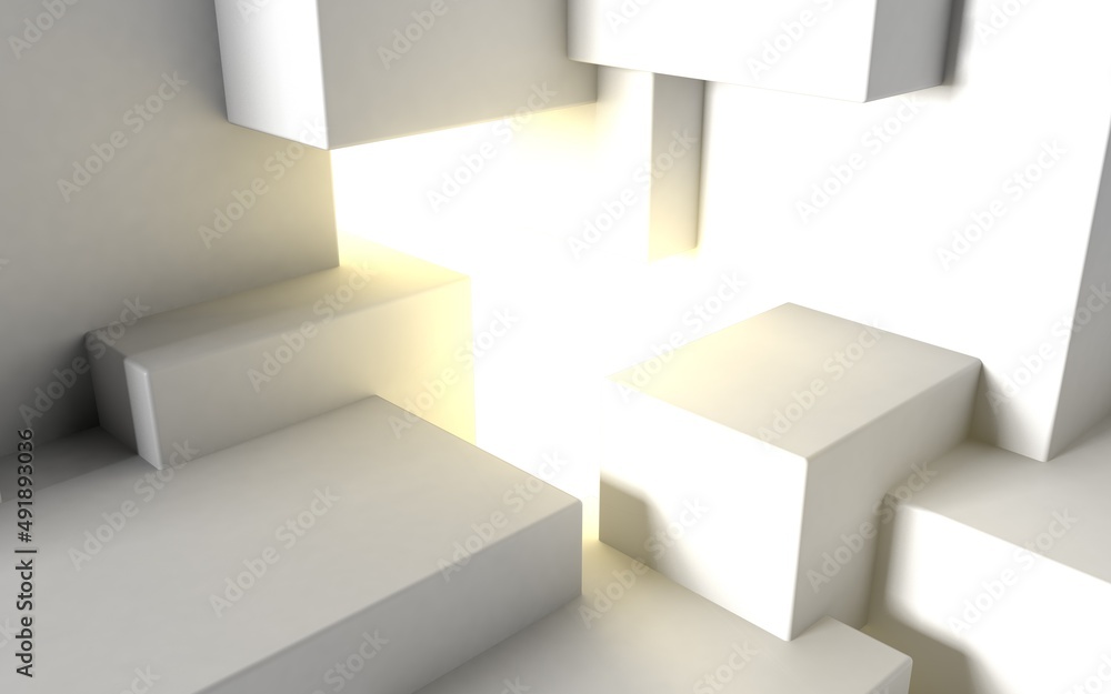 Poster abstract architectural background with cube construction or stage and light beam inside. 3d illustra