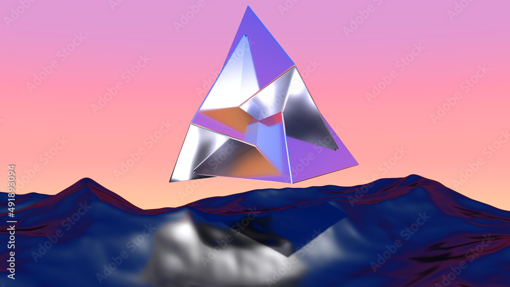 Poster abstract chrome shape over blue landscape in vaporwave sunset. background with mysterious surreal sh