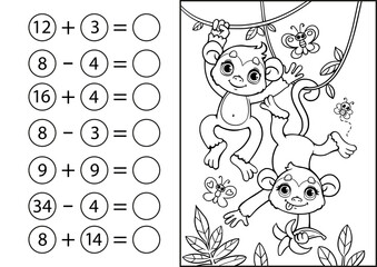 Children's math game, subtraction and addition of numbers. Coloring book with cute monkey marmosets on a palm tree. Mini-task, write the answer in a circle. Preschool education.