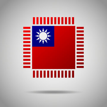 Flag of Taiwan. Integrated circuit icon in colors of taiwanese flag. Semiconductor manufacturing. Processor, microchip. Vector Illustration. EPS10.