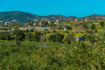 Obraz premium KIZLAN, MUGLA, TURKEY: Turkish traditional old windmills in the village of Kizlan, near the town of Datca.