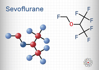 Sevoflurane, fluoromethyl molecule. It is inhalation anaesthetic, used for the general anesthesia. Structural chemical formul, molecule model. Sheet of paper in a cage