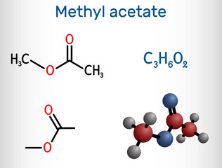 Methyl acetate, methyl ethanoate molecule. It is acetate ester, solvent. Structural chemical formula and molecule model.