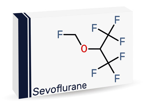 Sevoflurane, fluoromethyl molecule. It is inhalation anaesthetic, used for the general anesthesia. Skeletal chemical formula. Paper packaging for drugs.