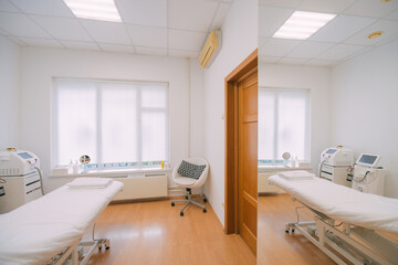 The interior of the massage and cometology salon, massage table. Nobody.