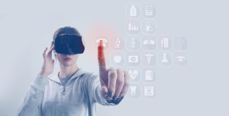 Portrait of woman with VR glasses having quick access to healthcare specialists. Improvement and...