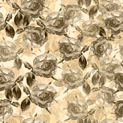 Watercolor bouquet flowers roses  in golden color. Floral composition on beige  seamless background.