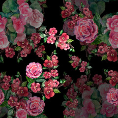 Watercolor bouquet flowers roses and sakura. Floral composition on black seamless background. 