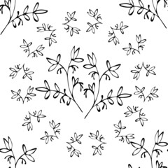Seamless vector black and white pattern with hand drawn branches of leaves and flower