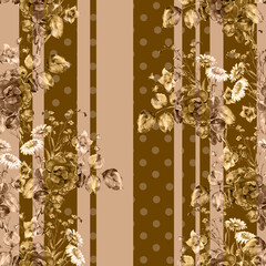 Watercolor bouquet flowers roses and meadow flowers in golden color. Floral composition on beige striped seamless background.