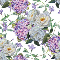 White roses, hydrangea and periwinkle. Floral composition on white seamless background. 