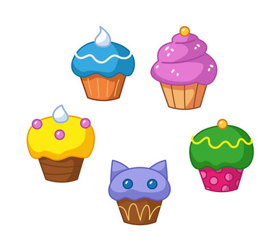 A set of cupcakes with different colors of cream and sprinkles. Vector illustration of a cake in a cartoon childish style. Isolated funny bakery clipart on white background. cute kitchen print.