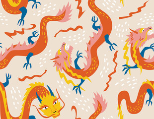 Seamless pattern with asian dragons. Vector background