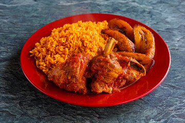 Chicken with plantains and jollof rice