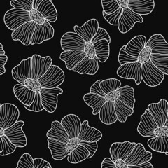 Fototapeta na wymiar Seamless vintage pattern. Beautiful white outline flowers. Black background. vector texture. fashionable print for textiles, wallpaper and packaging.