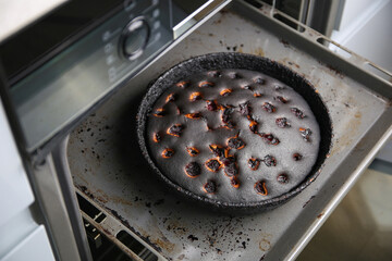 Burnt pie in the oven.