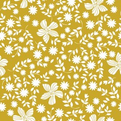 Seamless vintage pattern. White flowers and leaves . yellow background. vector texture. fashionable print for textiles, wallpaper and packaging.