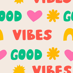 Materiał do szycia Seamless pattern with words good vibes, hearts, sun and rainbow. Simple colorful shapes. Cute hippie style. Vector background