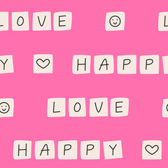 Seamless pattern with alphabet words happy, love. Cute vector pink background in 00s style. Childish illustration