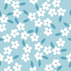 Seamless vintage pattern. White flowers, blue leaves. Light blue background. vector texture. fashionable print for textiles, wallpaper and packaging.
