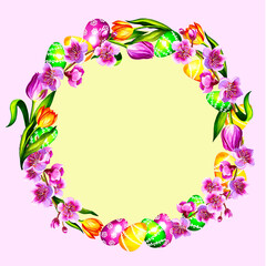 Fototapeta na wymiar Round frame with colorful painted eggs on an Easter flower wreath. On a pink and yellow background. Watercolor.