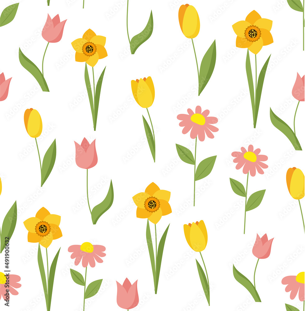 Poster seamless spring pattern with tulips and daffodils.