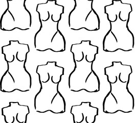 Seamless pattern with female body in line art style. Antique greek goddess statue modern hand drawn illustration. Elegant bohemian sketch of woman sculpture. Vector background