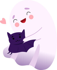 White Ghost or Spirit as Spooky Halloween Character Hugging with Flying Bat