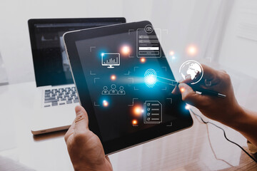 Technology fingerprint scan provides security. digital transformation change management,new technology big data and business process strategy, automate operation, customer service management.