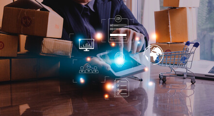Technology fingerprint scan provides security. digital transformation change management,new technology big data and business process strategy, automate operation, customer service management.