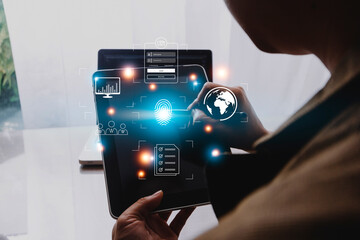 Technology fingerprint scan provides security. digital transformation change management,new technology big data and business process strategy, automate operation, customer service management.